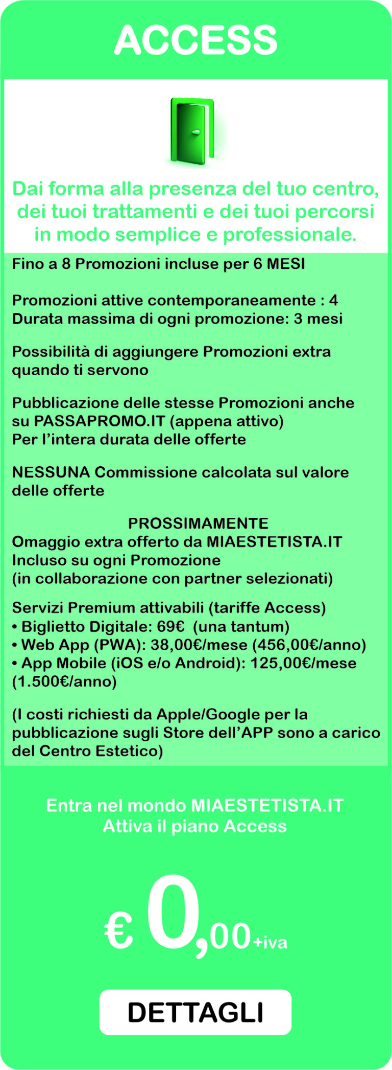 Piano Access MiaEstetista.it con promozioni per centri estetici